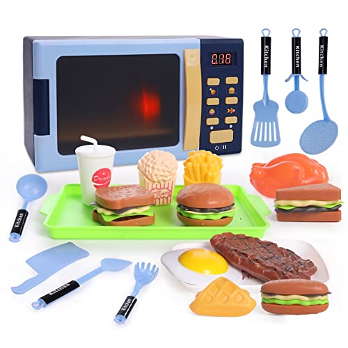 Cuterabit Kids Microwave Toy with Light and Sound, Realistic Toy Kitchen Appliances, Play Kitchen Accessories and Play Food for Toddlers 3 Year Old Up Girls Boys, Blue - Blue