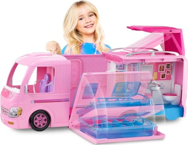 Barbie Camper Playset, DreamCamper Toy Vehicle with 50 Accessories Including Furniture, Pool & Slide, Hammocks & Fireplace (Amazon Exclusive) - Standard Packaging