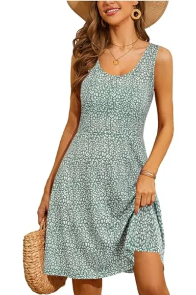 STYLEWORD Sun Dresses for Women 2024 Casual Sleeveless Crew Neck A Line Midi Summer Beach Vacation Graduation Dress(Light Green Floral,S)
