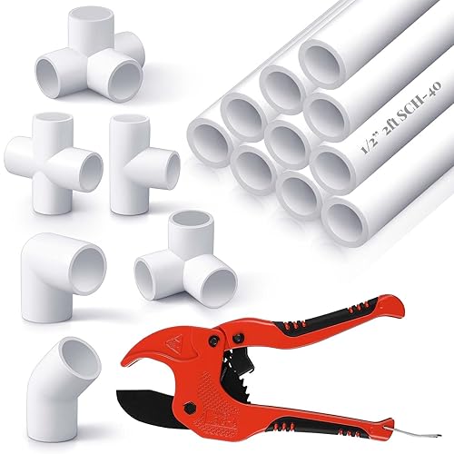 Tellegloww 10 Pcs 1/2 Inch x 2 ft PVC Pipe with 42 Pcs PVC Pipe Fittings Elbow Set and 1 PVC Pipe Cutter White DIY PVC Projects Connection Tee for Home, Greenhouse, Farm, Workshop, Garden - 1/2 Inch X 2 ft