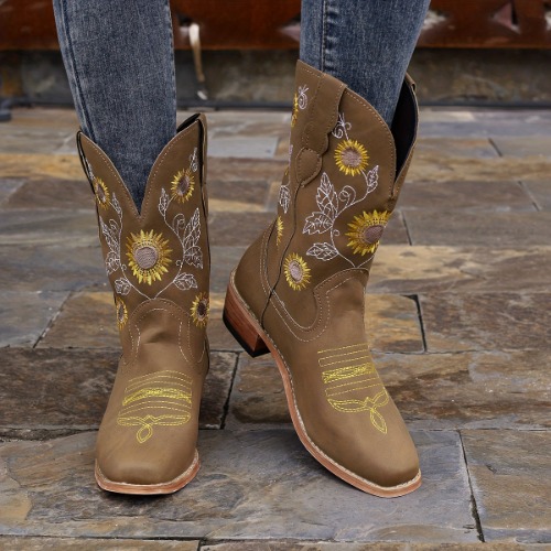 Women's Solid Color Floral Embroidered Boots, Slip On Point Toe Chunky Heel Mid Calf Shoes, Western Cowboy Comfy Shoes