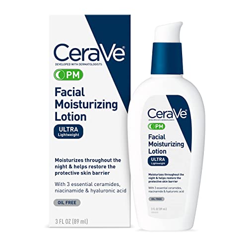 CeraVe PM Facial Moisturizing Lotion | Night Cream with Hyaluronic Acid and Niacinamide | Ultra-Lightweight, Oil-Free Moisturizer for Face | 3 Ounce - 3 Ounce (Pack of 1)