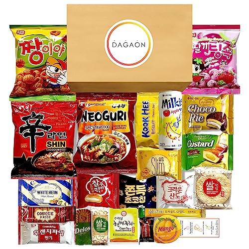 Dagaon Delightful Korean Snack Box 22 Count – Tasty Korean Snacks and Foods Including Chips, Biscuits, Cookies, Pies, Candies, Drinks, Ramen Noodles. Assortment of Korean snacks and foods for everyone.