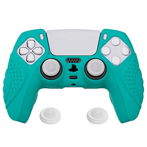 eXtremeRate PlayVital Guardian Edition Aqua Green Ergonomic Soft Anti-slip Controller Silicone Case Cover for ps5, Rubber Protector Skins with White Joystick Caps for ps5 Controller - Aqua Green