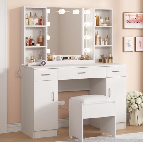 Vabches Makeup Vanity Desk with Lights, 3 Lighting Colors, White Vanity Set Makeup Table, Large Vanity with 3 Drawers, 2 Cabinets and Multiple Shelves, 45.2in - White - Large