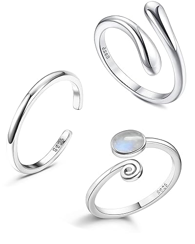 Jstyle 925 Sterling Silver Open Toe Rings Set for Women Adjustable Turquoise Moonstone Band Tail Ring Women Beach Foot Jewelry Set - Moonstone Toe Ring