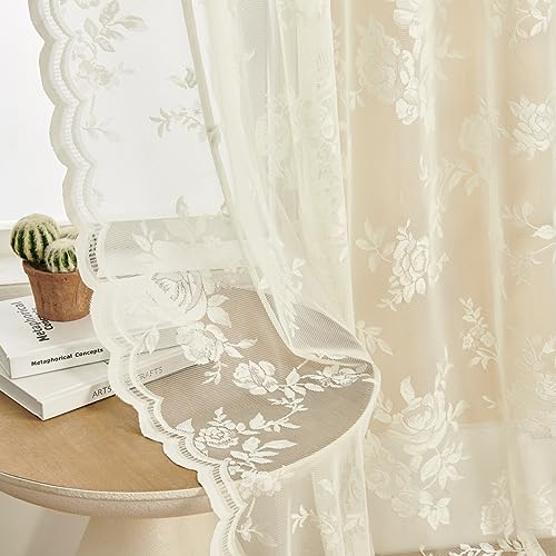 SEEKRIGHT Ivory Lace Curtains 63 Inch Length 2 Panels Victorian Floral Sheer Curtains for Living Room Bedroom Rod Pocket Light Filtering Cream French Window Curtains, 52x63 - W52''xL63'' - Ivory