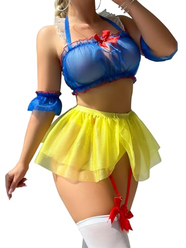 Mixxmix Cosplay Lingerie for Women Snow White Lingerie 7 Piece Sexy Roleplay Costumes with Stockings - Small