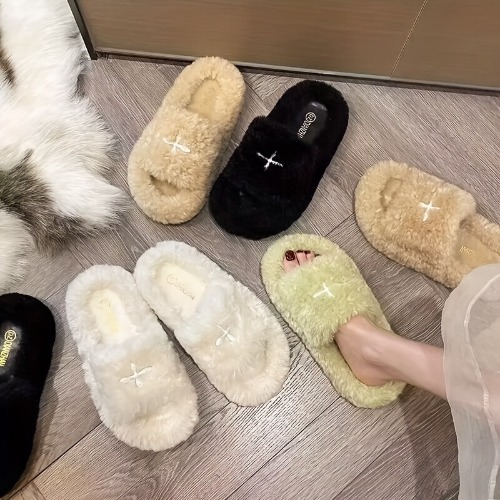 Solid Color Fluffy Plush Slippers, Slip On Non-slip Platform Soft &amp; Warm Home Shoes, Winter Cozy Indoor Slides Shoes