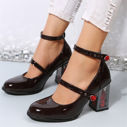 Women&#39;s Solid Color Trendy Shoes, Slip On Casual Chunky Heel Double Straps Shoes, Square Toe Daily Shoes