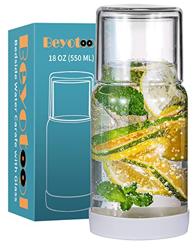 Bedside Nightstand Water Carafe and Glass Set, Night Water Carafe with Tumbler Cup, Clear Glass Mouthwash Dispenser for Bathroom, with Silicone Coaster, Heat and Cold Resistant, 18 OZ