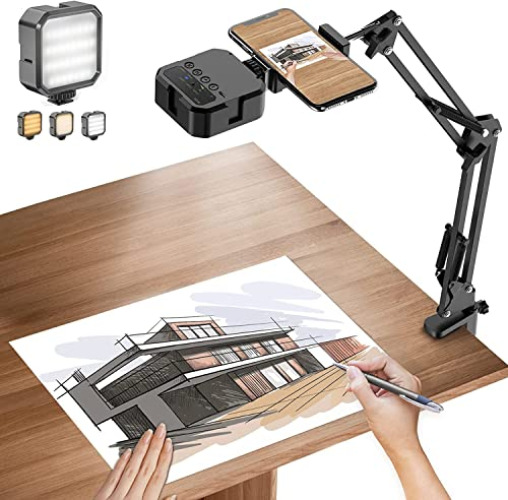 Overhead Phone Mount, Articulating Arm Cell Phone Holder with LED Light, Flexible Phone Stand for Live Streaming,Video Recording,Drawing,Cooking (Black) - Black