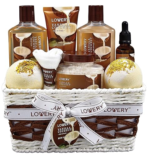Bath and Body Gift Basket For Women and Men – 9 Piece Set of Vanilla Coconut Home Spa Set, Includes Fragrant Lotions, Extra Large Bath Bombs, Coconut Oil, Luxurious Bath Towel & More - Vanilla Coconut