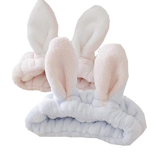 bouti1583 Women Fashion Soft Flannel Bunny Ear Makeup Cosmetic Shower Elastic Headband 2Pcs - Pink,Light blue