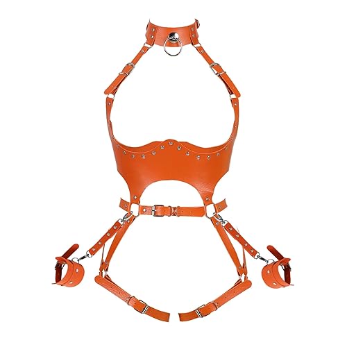 Waist Garter belt Punk Full body harness for women Photography Dance Rock Halloween Leather cage Chest strap set - Orange