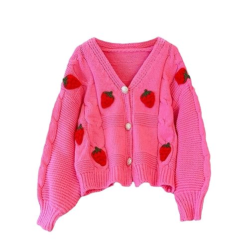 Womens Kawaii Strawberry Knit Cropped Sweater Cute Cardigan Aesthetic for Teen Girls Floral Y2k Korean School Uniform Jacket - Large - Pink