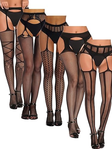 SOUTHRO 5 Pairs Fishnet Thigh High Garter Stockings Patterned Tights for Women,Garter Belt Set & Suspender Pantyhose for Girl - One Size - C-5pcs