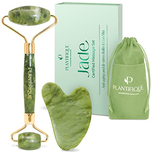 PLANTIFIQUE Jade Roller for Face and Gua Sha Facial Tools - includes Real Jade Roller and Gua Sha Set - Certified Face Roller and GuaSha for Your Skincare Routine - Green