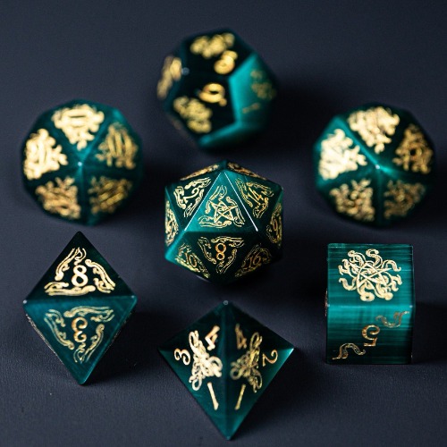 URWizards Dnd Engraved Teal Green Cat's Eye Stone Dice Set Cthulhu Style | Default Title