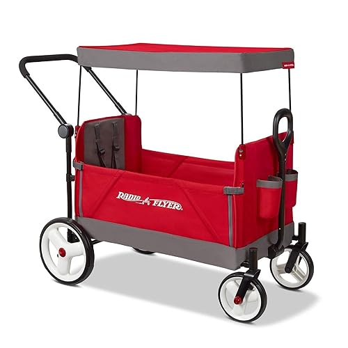 Radio Flyer Convertible Stroll N Wagon with 5 Point Harnesses, Rear Brake, Front Caster Wheels, 12 Inch Rear Wheels, and Push Pull Handle, Red - Red