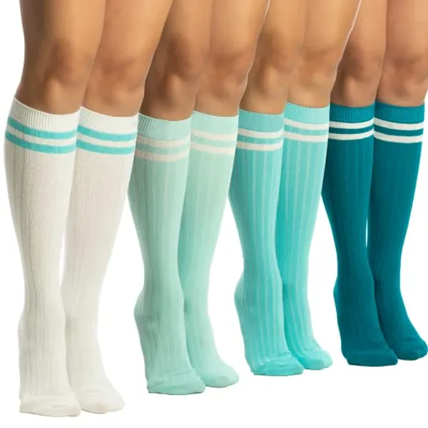 SERICI Knee Socks | 4 Pairs Cotton Striped Knee High Socks For Women or Men | Boys or Girls Tube Socks