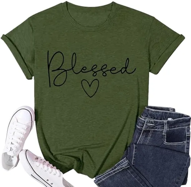 Blessed T-Shirt for Women Cute Heart Graphic Letter Print Sayings Shirts Casual Short Sleeve Thankful Tee Tops