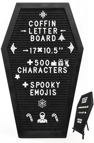 Coffin Letter Board Black With Spooky and Creepmas Emojis +500 Characters, and Wooden Stand - 17x10.5 Inches - Gothic Halloween Decor Spooky Gifts Decorations - Black