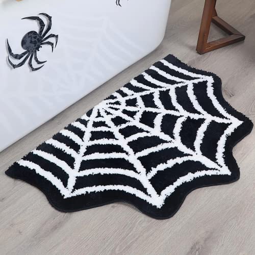 Spider Web Bath Mat - Halloween Rug Bathroom Decor Gothic Home Decor Witchy Horror Goth Room Rugs Gothic Bedroom Kitchen Whimsigoth Oddities and Curiosities Spooky Gifts Scary Decorations Spider Webs - Black