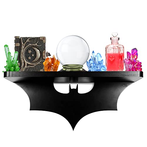 Bat Shelf Gothic Decor - Spooky Floating Wall Decor for Bedroom & Apartment - Floating Shelf with Hooks - Wall Hanging Display Shelves - Home Decor Accents Unique, Halloween Accents for Gothic Decor