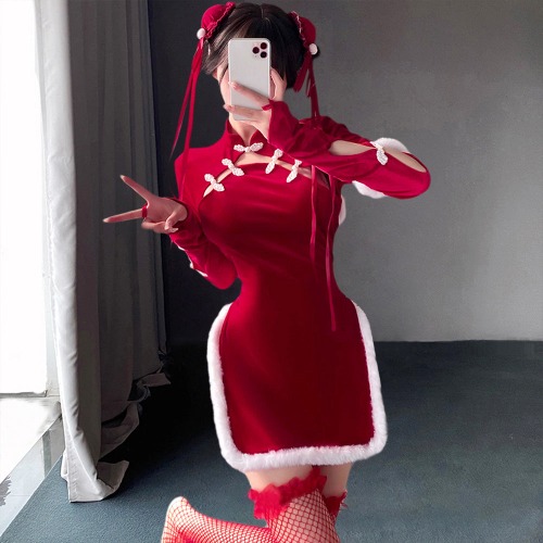 Red Velvet Split Cheongsam Lingerie - Red / L