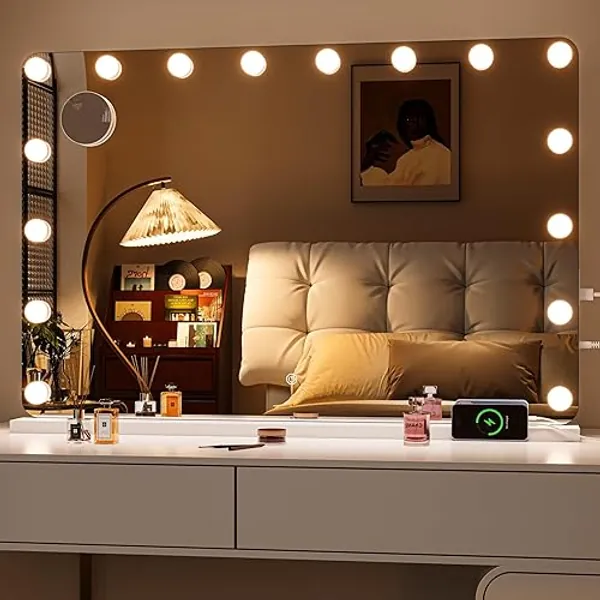 Hasipu 35" x 24" Vanity Mirror with Lights, Makeup Mirror with Lights and Magnification, Hollywood Mirror with 3 Color Modes, LED Make up Mirror, Light up Mirror with USB & Type-C Charging - Round White - 35"L x 24"W
