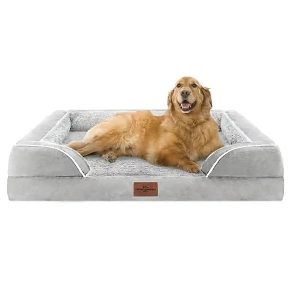 Comfort Expression XL Dog Bed Waterproof, Extra Large Dog Beds Orthopedic Foam, Large Dog Beds with Bolster, Washable Dog Bed Sofa Pet Bed with Removable Cover & Non-Slip Bottom(X-Large,Grey White) - 42.0"L x 30.0"W x 9.0"Th - Grey White