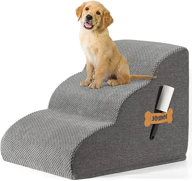 Romrol Dog Stairs Ramp for Beds Couches, Extra Wide Pet Steps with Durable Non-Slip Waterproof Fabric Cover, Dog Slope Stairs for Small Dogs and Cats or Pets Friendly, 3-Tiers - 3-Step-Grey