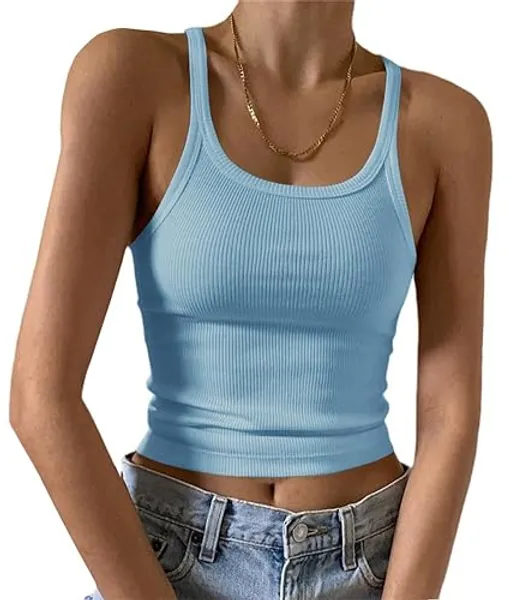 Artfish Women's Sleeveless Tank Top Form Fitting Scoop Neck Ribbed Knit Basic Cami Shirts - Small - 01#short Light Blue