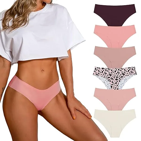 SHARICCA Women Seamless Cheeky Bikini No Show Panties Ladies Invisible Breathable Briefs Soft Stretch Underwear Multi Pack - Small - (6 Pack) Leopard Pink