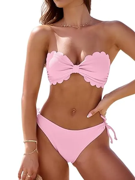 Rajputana Womens Wavy Edge Bandeau Bikini Strapless Tie Back Side String Bathing Suits Two Piece Swimsuit - Small - Pink