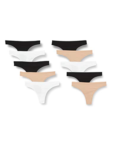 Iris & Lilly Damen Tanga-Unterwäsche Baumwolle, 10er-Pack - 36 - Schwarz/Weiß/Mittelbeige