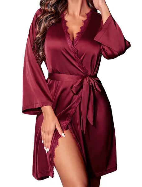 Avidlove Women's Kimono Robe Lace Backless Satin Robe Short Silky Robes