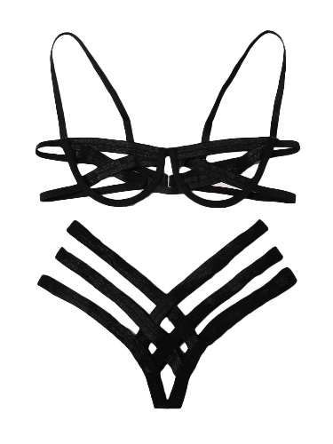 SheIn Women's Sexy Ladder Cut Out Lingerie Set Push Up Two Piece Bra and Panty - Small Black