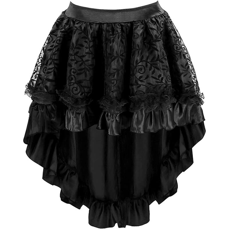 Women's Lace Steampunk Gothic Vintage Satin High Low Midi Skirt with Zipper | 3XL / Black