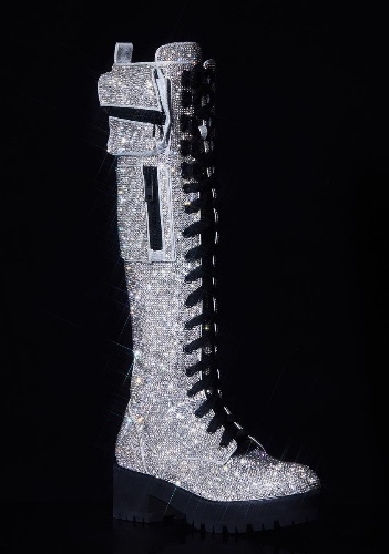 Club Exx Rhinestone Knee High Pocket Combat Boots