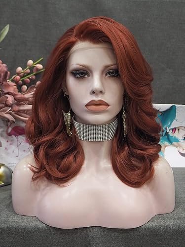 IMSTYLE Auburn Bob Wavy Lace Front Wigs Black Widow Short Copper Red Synthetic Wigs Heat Resistant Hair Natural Hairline with Glueless Wig for Cosplay (Copper Red) - Copper Red