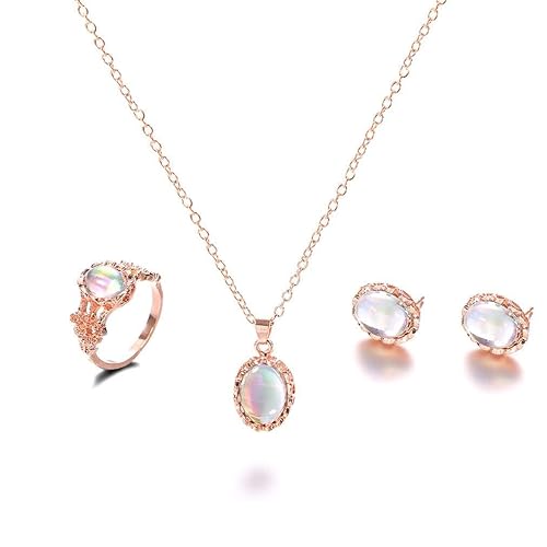 generic Bohemian Opal Vintage Necklace Ring Earrings Set Bridal Wedding Anniversary Jewellery Set Ring Earrings Studs and Pendant Necklace for Women Durable processing
