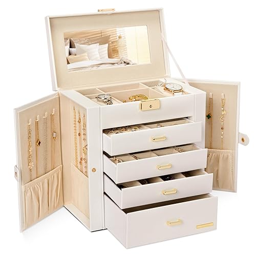 Homde Synthetic Leather Huge Jewelry Box Mirrored Watch Organizer Necklace Ring Earring Storage Lockable Gift Case (White + Gold) - White + Gold