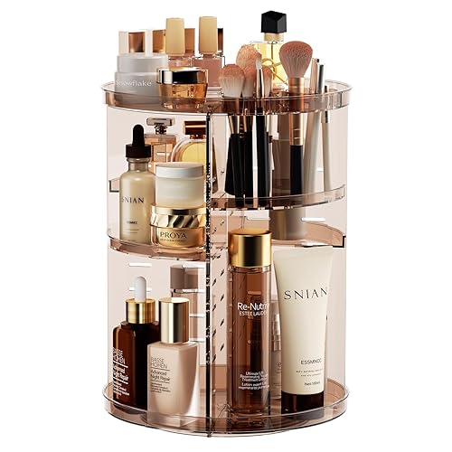 Rotating Makeup Organizer Countertop, DIY Adjustable Trays Spinning Skincare Organizers, Cosmetic Display Shelf with Perfume & Brush Holder, Multi-Function Desk Storage Carousel for Vanity Bathroom - Clear Coffee