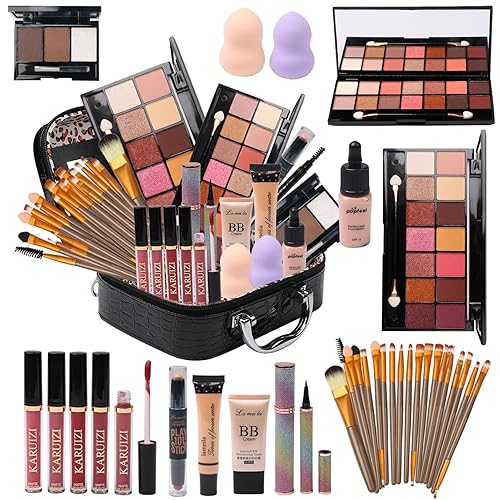 MTDXILTAI All in One Makeup Kit for Makeup storage bag 2X14 Colors Eyeshadow Palette Liquid Foundation Eyeliner Pencils Contouring Stick Lip Gloss 20Pcs Makeup Brushes For Women Girls Teens (Black) - Black