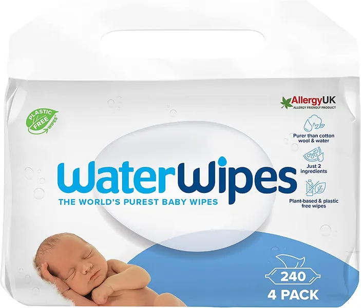 WaterWipes original plastfria babyvåtservetter, 240 st. (4 förpackningar), 99,9% vattenbaserade våtservetter, oparfymerade för känslig hud