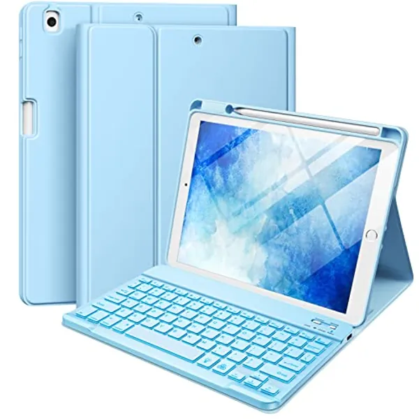 Hamile iPad 9th/8th/7th Generation Case with Keyboard 10.2 Inch - 7 Colors Backlit Wireless Detachable Folio Keyboard Cover with Pencil Holder for iPad Pro 10.5" / iPad Air 3rd Gen (Sky Blue)