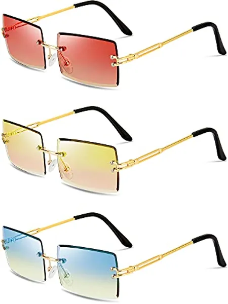 3 Pairs Rimless Rectangle Sunglasses Tinted Frameless Eyewear Vintage Transparent Rectangle Y2K Glasses for Women Men