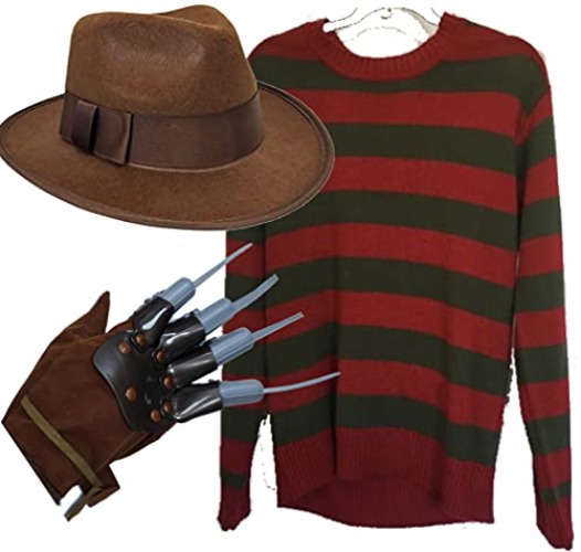 Mega_JumbleSale® Adult Freddy Krueger Red & Green Stripes Jumper + Hat + Claw Glove Set | Men Nightmare On ELM Street Halloween Horror Cosplay Costume Fancy Dress Outfits (L) - L